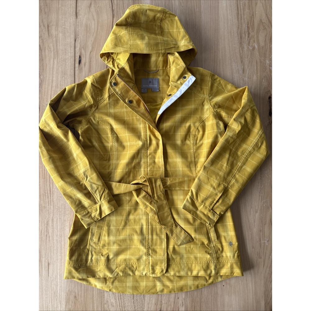 Royal Robins Raincoat Rain Jacket Size Small Yellow Checked Zip Pockets Hooded